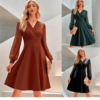 2023 Otoño/Invierno de las señoras de la Moda de Vestir V-cuello Sólido de Encaje Jacquard Vestido de las Mujeres ropa vintage ropa mujer