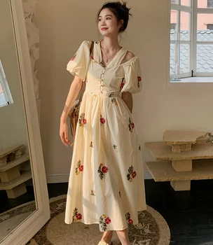 Vintage Romántico francés Vestido de moda Mujer Primavera Verano Puro Algodón coreano de la Moda de Bordado Midi Largo de la Cabaña Vestido Vestidos