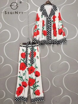 SEQINYY Sicilia Suelto Conjunto Primavera Verano Nuevo Diseño de Moda de las Mujeres de la Pista Larga de la Blusa + Pantalones de Punto Vintage Rojo de la Flor de Impresión
