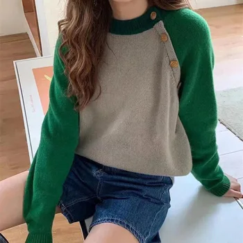 WAKUTA Contraste de Color del Suéter de las Mujeres de Moda de 2023 Estilo coreano Casual de Oro Botones O Cuello 