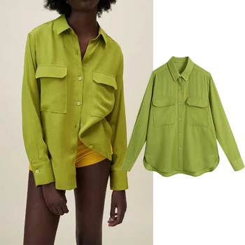 Las mujeres de la Camisa de Za 2021 Verde de Verano de la Mujer de la parte Superior de la Vendimia de Manga Larga Botón de la Camisa Femenina Suelto Casual Delgado del color Sólido de la Blusa
