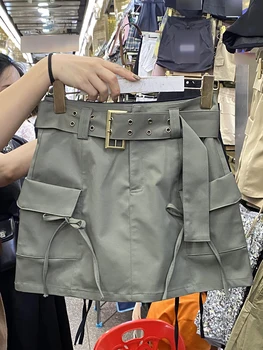 Korejepo Retro Pocket Ins Faldas 2023 Verano New American Cintura Alta Delgada Picante Niña de Fondos de ropa de trabajo de Una línea de Falda Corta de las Mujeres