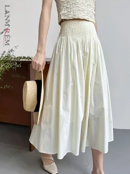 [LANMREM] Elegante Diseño de Pliegues Elásticos de Cintura Alta Falda de las Mujeres de Color Sólido de Una línea de Señora de la Oficina Suelto Faldas 2023 Otoño Nuevo 26