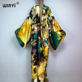 WINYI 2023 Mujeres Casual de África Kaftan Túnica de Graffiti de impresión de Manga larga Playa de Cubrir Maxi Vestido de moda kimono de vacaciones Cardigan