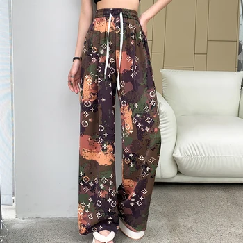 De gasa de ancho de pierna pantalones de mujer de verano nuevo coreano elegante diseño drapeado suelto luz cordón de cintura alta de impresión recta pantalones casuales