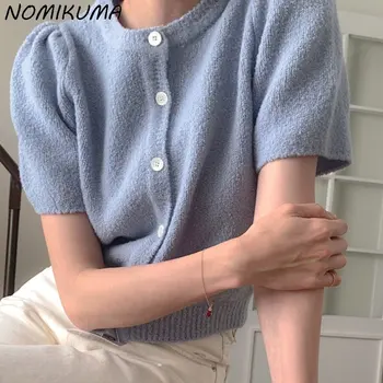 Nomikuma coreano Elegante de Verano Dulce de Hojaldre Manga O-cuello del Suéter de la Capa De 2023 Nuevo Single Breasted Causal Sólido de la Moda Chaqueta de Punto