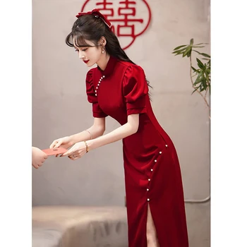De Novia De La Boda De China Qipao Vestido De Cuello Mandarín Elegante Cheongsam Tradicional Vestido De Noche De Viento Rojo Oriental Vestido Qipao