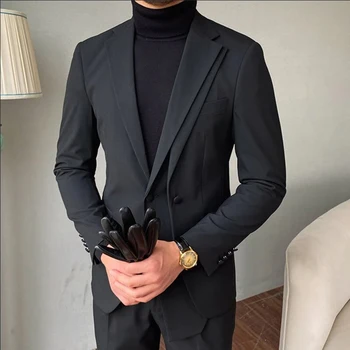 Negro sólido Collar con Muescas Poliéster Chaqueta de Auto-puesto de moda los hombres de banquetes del temperamento de empalme personalizada, traje de Chaqueta