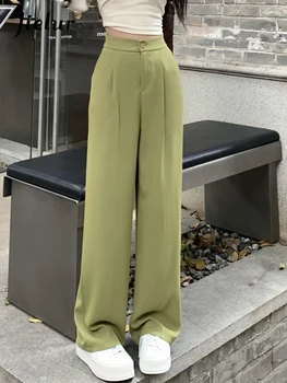 Jielur Nueva altura de la Cintura Delgado y Recto de los Pantalones de las Mujeres de Color Sólido Casual Básicos de Pantalones de Mujer Verde Negro Simple de la Moda de Pantalones de Mujer