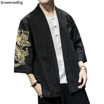 El Japón De Los Hombres Del Estilo Casual Kimono Camiseta Del Dragón Bordado 2022 Verano De Algodón Y Lino Cuello Alzado Tapeta Abierta Mangas Tres Cuartos