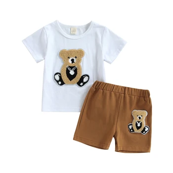 Bebé Niños Trajes de Verano Oso Patrón de Manga Corta T-shirt y Casual Elástico pantalones Cortos