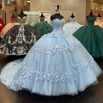 ANGELSBRIDEP la Luz Azul de la Flor Vestidos de Quinceañera Apliques de Encaje Vestidos De 15 Anos Formal de la Fiesta de Cumpleaños de Baile Vestido de Bola