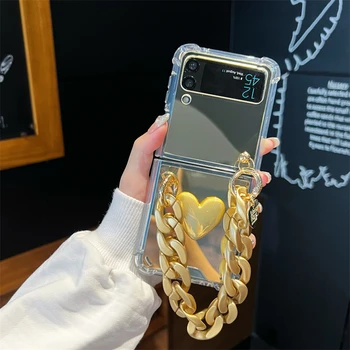 Marca de lujo Portátil Gruesa Cadena de Oro 3D de Corazón de Amor de la caja del Teléfono Para Samsung Galaxy ZFlip5 ZFlip 4 ZFlip3 Espejo de la Cubierta a prueba de Golpes