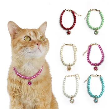 Lindo Collar De Perlas De Cristal De Lujo Colgante Gato Collar Ajustable Gatito Collares De Corazón Gema Chihuahua Accesorios Para Mascotas