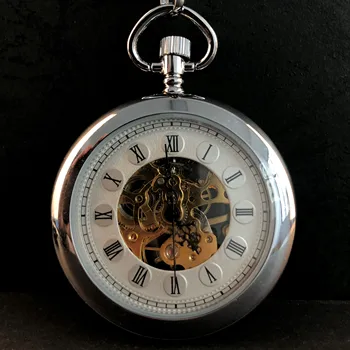 Diseño Simple de la Moda de Plata Mecánica Relojes de Bolsillo con Cadena de Mano de Viento de los Hombres Casuales de las Mujeres de Bolsillo Llavero Reloj