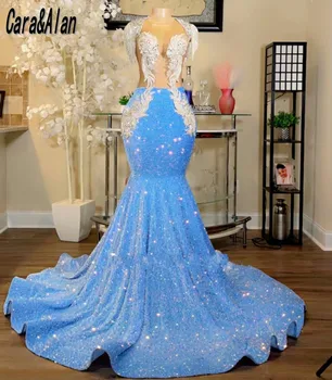 Cara&Alan Cielo Azul Vestidos De Baile 2023 Borla Apliques Sirena Vestido De Fiesta De Noche Largos Vestidos De Pura Cuello Vestido De Graduación