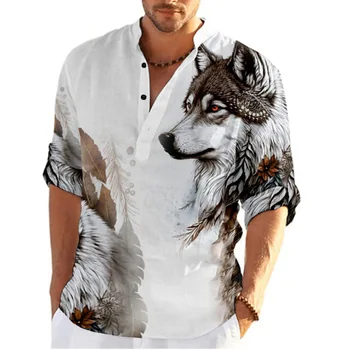 El verano de los Hombres de Manga Larga Camiseta S-4XL Cool Wolf Tatuaje Impreso en 3D Solapa Solo Pecho Cardigan de Hawai Casual Camisa de los Hombres