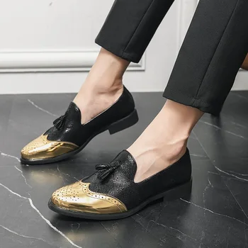 De Lujo Diseñador Caballero Borlas Señaló Oxford Zapatos De Cuero De Los Hombres De Negro De Oro Mix Formal De La Boda Vestido De Fiesta Regreso De Calzado