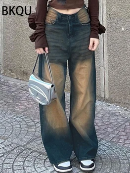 BKQU Vintage pantalones Vaqueros de las Mujeres de Baja de la Cintura Ancho de Pierna Casual Jeans Rectos 2023 de la Moda Streetwear de gran tamaño del Dril de algodón Pantalones Pantalones de Harajuku