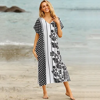 La playa de encubrimientos Kaftan de Vacaciones de Vacaciones Trajes para las Mujeres se Cubren Hasta Túnicas de Ropa de Mujer de Maxi Vestido Más el Tamaño de Swimwears