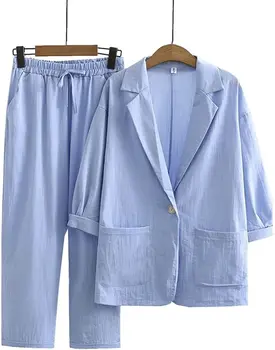 Cuello en V manga Larga Botón de un Abrigo con Bolsillos y Cordón de los Pantalones de las Mujeres ropa de trabajo Conjunto