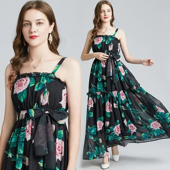 Las mujeres de Verano de Moda Casual de Alta Cintura de la Longitud del Piso de la Rosa de la Flor de Impresión de Maxi Vestido Largo vestidos