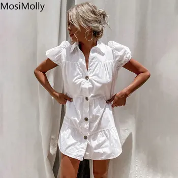 MosiMolly Blanco Vestido De Las Mujeres De 2023 Botones En La Parte Delantera De La Camisa De Vestir Puff Manga Mini Vestido De Día Vestido De Mujer Vestidos