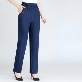 Las mujeres 2022 Primavera Otoño Nuevo de mediana edad Jeans de Mujer con Cintura con Elástico Bordado Damas Pantalones Sueltos de la Recta que los Pantalones vaqueros J11