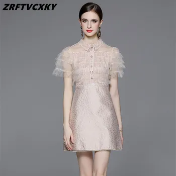 ZRFTVCXKY Runawy de Lujo Malla de Encaje Patchwork Jacquard Mini Vestidos Para las Mujeres del Diseñador de Lentejuelas Volantes de Verano de la Señora de la Moda de Vestidos