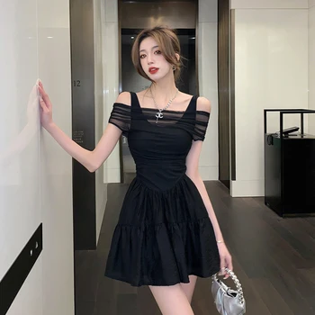 Versión coreana de Caliente Vestido de las Niñas Pequeños Vestidos Negros de Malla Cuello Cintura Alta 2023 Verano Vestido Nuevo de la Fiesta de Cumpleaños de las Niñas Ropa