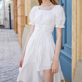 YUDX la Mujer del Vestido Blanco de Verano Elegante Vintage Kawaii Puff Manga Vestido Midi de la Plaza Collar de Vendaje Vestido Goth Trajes