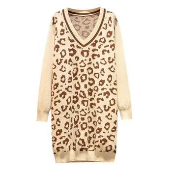 Leopardo de las Mujeres de Punto Vestido de 2022 Otoño Señora de Moda Suéteres Sueltos Mosaico Hembra Jersey de Manga Larga V-Cuello N731