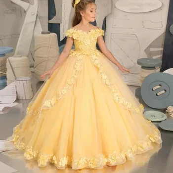 Amarillo Vestidos De Niña De Flores De Encaje De Tul Rebordear Apliques De Concurso Para Las Niñas De Primera Comunión, Vestidos De Niños Vestidos De Baile