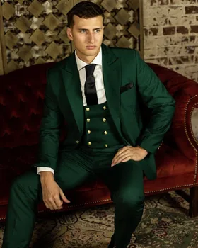 Verde Clásico 3Pcs Hombres Trajes de la Boda Formal Pantalón de Abrigo más Reciente Empresa de Diseño de conjunto de Graduación Desgaste Slim Fit Chaqueta Pantalones de la Ropa