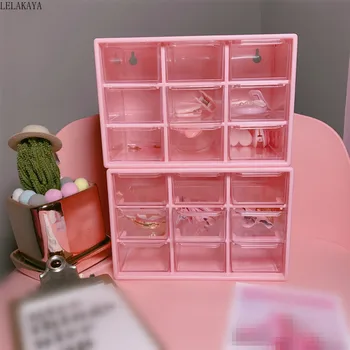 Rosa de Plástico Cajón de Escritorio Caja de Almacenamiento de sakura Figura de Acción de las Mujeres de las Niñas de Nueve de la Cuadrícula de la Joyería Cosmética Pendientes Organizador de Maquillaje