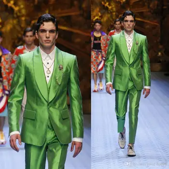 La Moda Verde Brillante Novio Tuxedos Excelente De Los Hombres Vestido De Boda De Los Hombres De Negocios, Fiesta De Graduación De La Cena Fiesta De Traje(Chaqueta+Pantalones+Corbata+Chaleco)