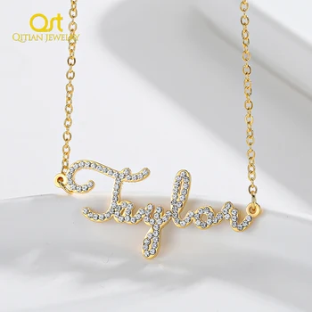 Qitian Nombre Personalizado Collar CZ Crystal Nombre de la Cadena de Helado Fuera de Zirconia Collares Personalizados Collar de la Joyería Para las Mujeres de Regalo