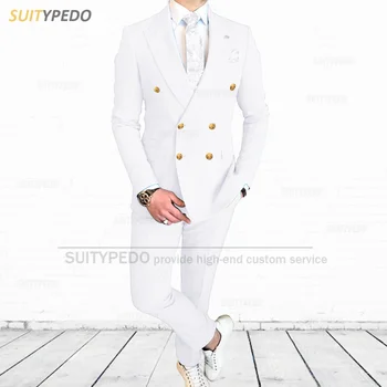 2023 Nuevos Trajes Blancos para los Hombres Formales Slim Fit Chaqueta de Doble Botonadura Pantalones de 2 Piezas de Moda de Baile de Negocios de Novia trajes de etiqueta para Hombres