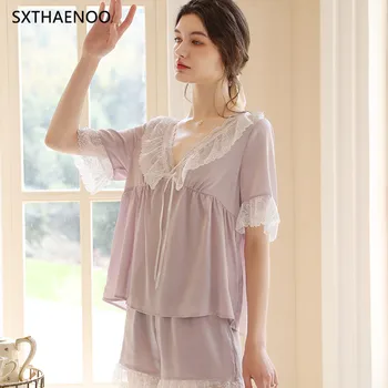 SXTHAENOO 2023 Nuevo Verano de las Mujeres francesas de Encaje Morado Pijama Conjunto Loungewear la ropa de dormir para Mujer 2 Piezas de Pijama de Manga Corta