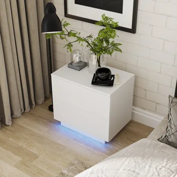 Moderno, de Alto brillo UV mesita de Noche con 2 cajones y luces LED para interiores, muebles de dormitorio