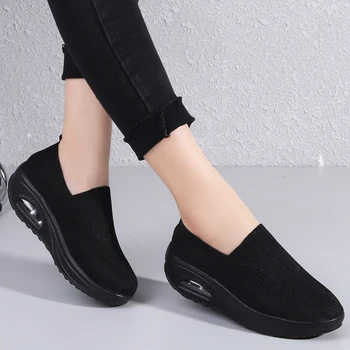 Gran Size43 Negro Mujer Zapatillas con Plataforma Informal de Cuña Zapatos de Deporte para Mujer Caminando de Verano de las Señoras de Diseñadora de Calzado Sneake
