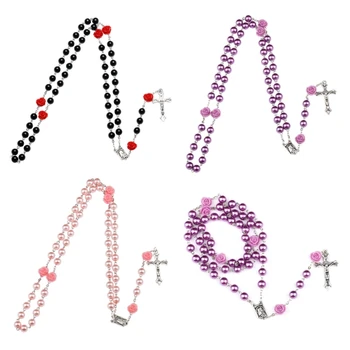 E56C la Religión Cristiana Rosario Collares para las Mujeres Colgante de Cadena Larga con cuentas de Perlas de Vidrio Crucifixión, Religioso Collares