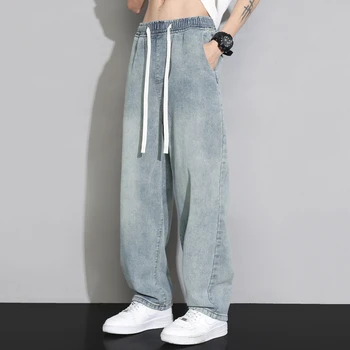 Nuevo coreano de la Moda de los Hombres del Ancho de la Pierna de los pantalones Vaqueros Ropa de Diseño del Lazo Baggy Jeans Sueltos Recta que los Pantalones vaqueros 4XL